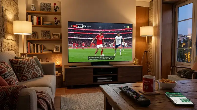 Ecrã de televisão a transmitir jogo de futebol ao vivo num ambiente doméstico