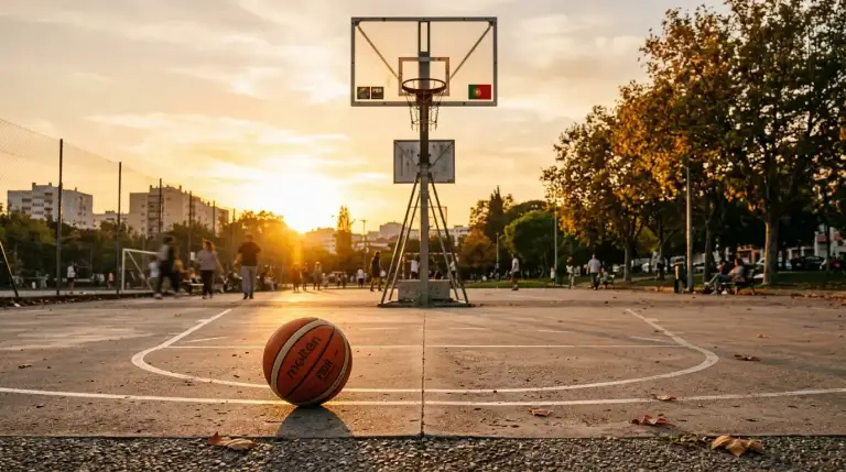 Bola de basquetebol num campo ao ar livre com tabela ao fundo