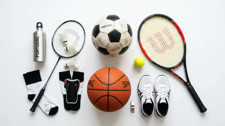 Equipamento desportivo variado incluindo bola de futebol, raquete de ténis e bola de basquetebol