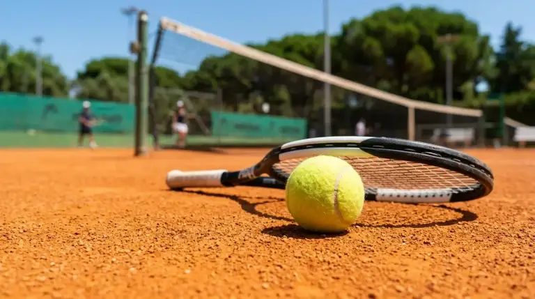 Bola de ténis e raquete num court de terra batida