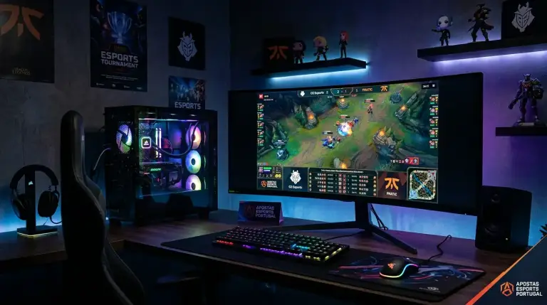 Secretária de gaming com monitor a exibir competição de eSports