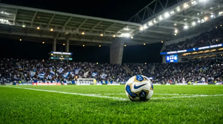 Bola de futebol num relvado de estádio com iluminação noturna