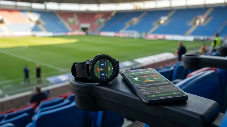 Relógio desportivo e telemóvel num ambiente de estádio antes do jogo