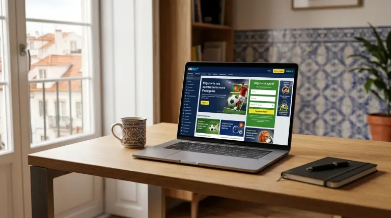Mesa com computador portátil mostrando interface de casa de apostas em Portugal