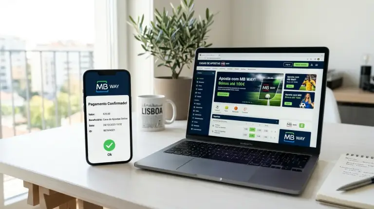 Telemóvel com aplicação MB Way aberta junto a computador portátil