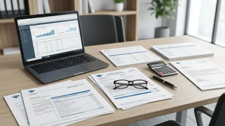 Documentos fiscais e computador portátil numa secretária de escritório