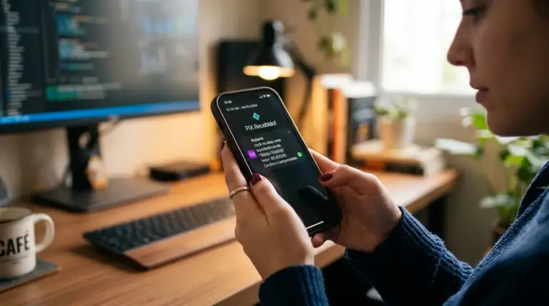 Pessoa a verificar notificação de transferência bancária no telemóvel