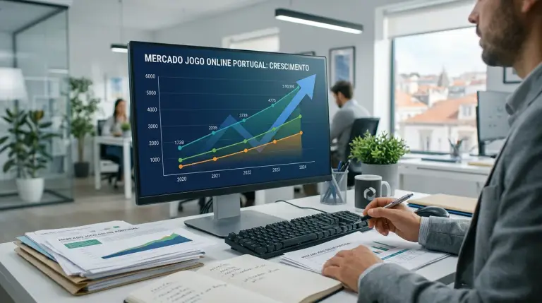 Gráfico de crescimento financeiro num ecrã de computador em ambiente de escritório