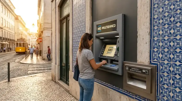 Terminal Multibanco ATM numa rua portuguesa