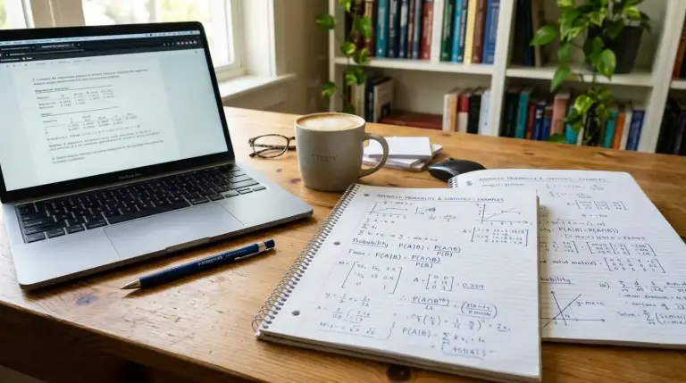 Caderno com cálculos matemáticos e computador portátil ao lado