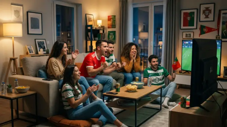 Grupo diverso de jovens adultos portugueses a ver desporto juntos