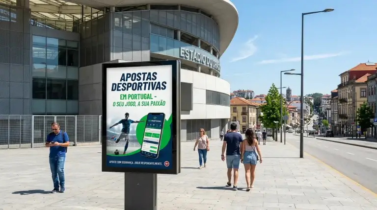 Cartaz publicitário junto a um estádio de futebol